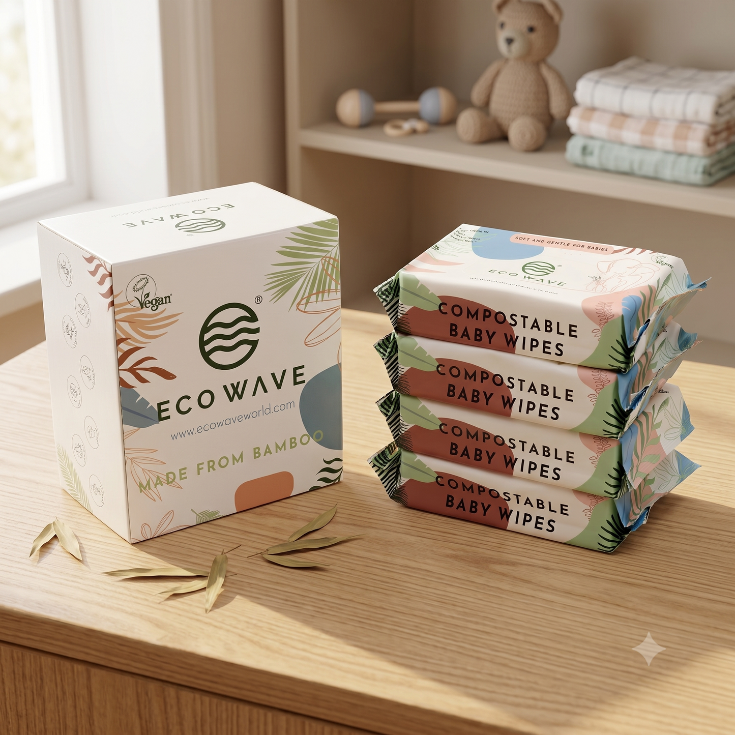 Four packs of Eco Wave compostable bamboo baby wipes with botanical packaging