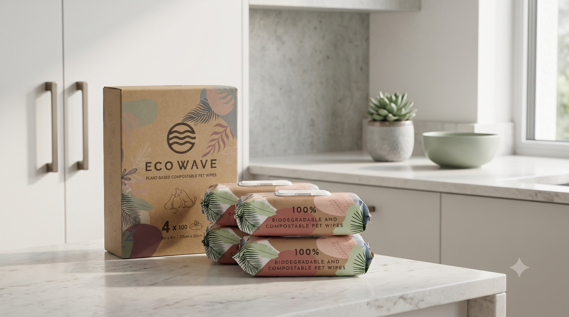 Four packs of Eco Wave biodegradable and compostable pet wipes