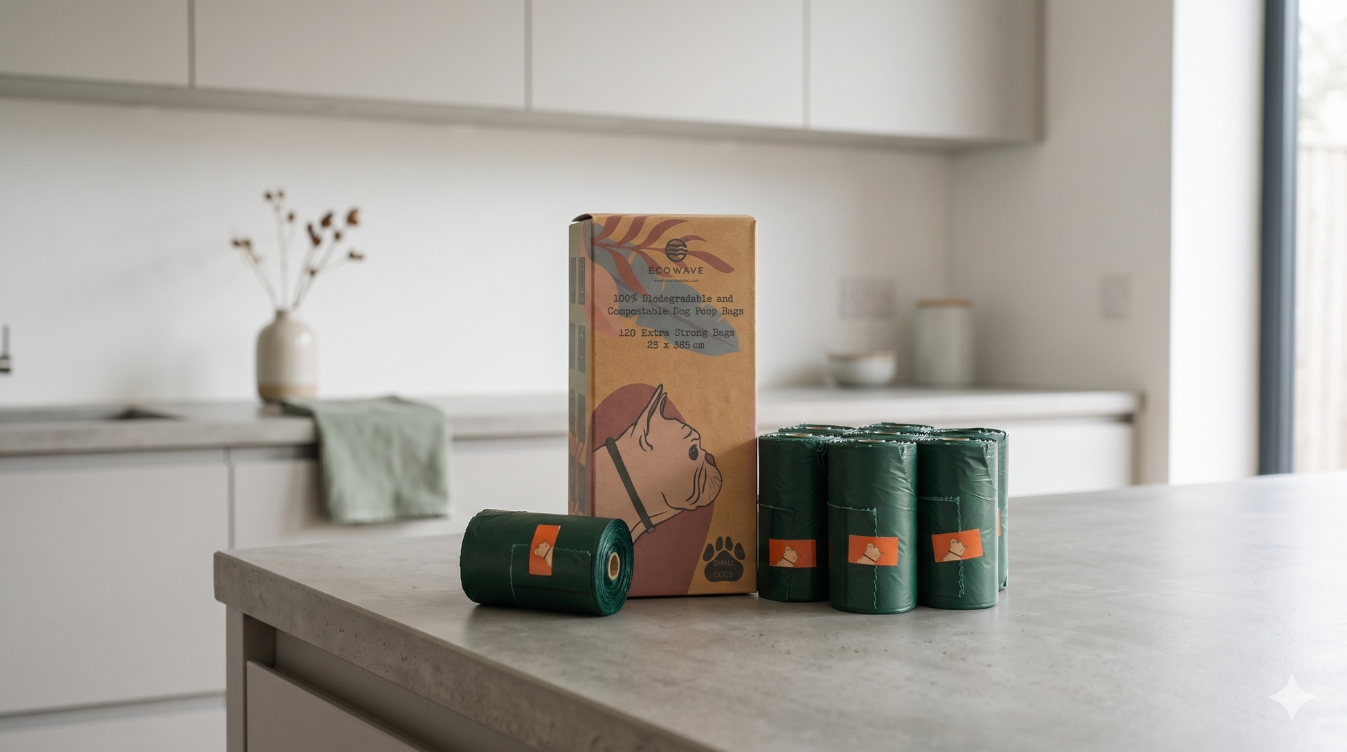 Eco Wave biodegradable dog poop bags — kraft box with green compostable rolls