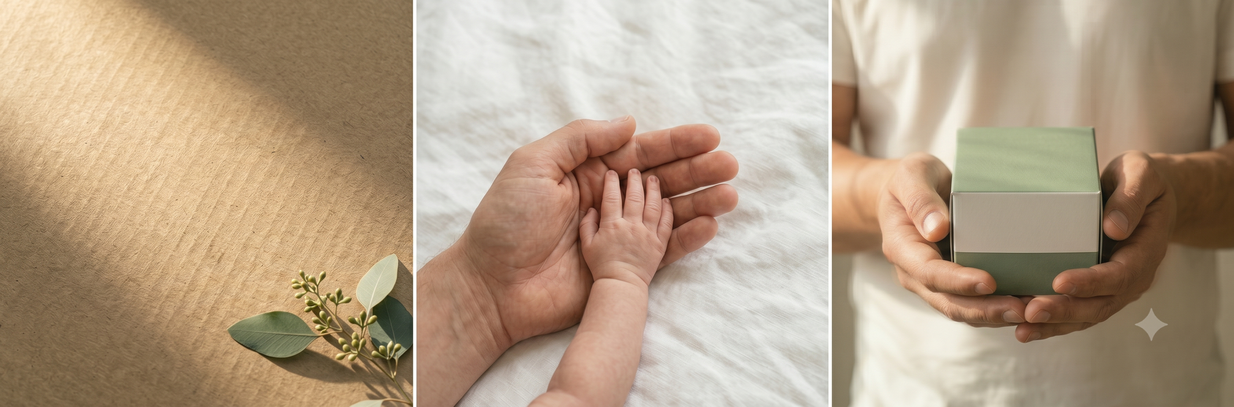 Natural ingredients, a baby's hand, and hands holding an Eco Wave box